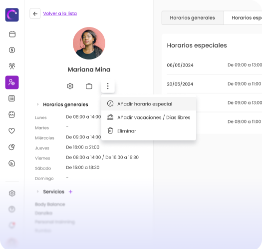 Profesionales y espacios detalle horarios especiales
