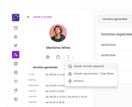 Pantalla de gestión de horarios laborales con opciones para añadir horarios especiales o días libres.