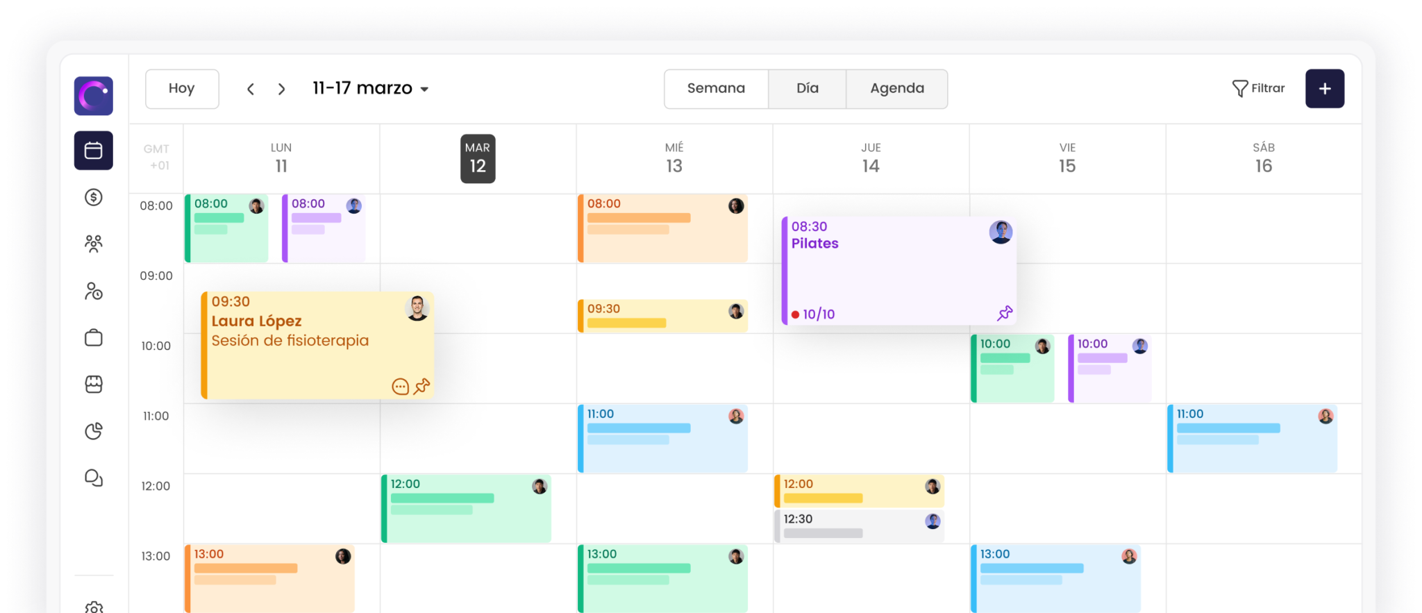 Calendario semanal virtual con citas y eventos de diferentes colores, mostrando actividades diarias organizadas.