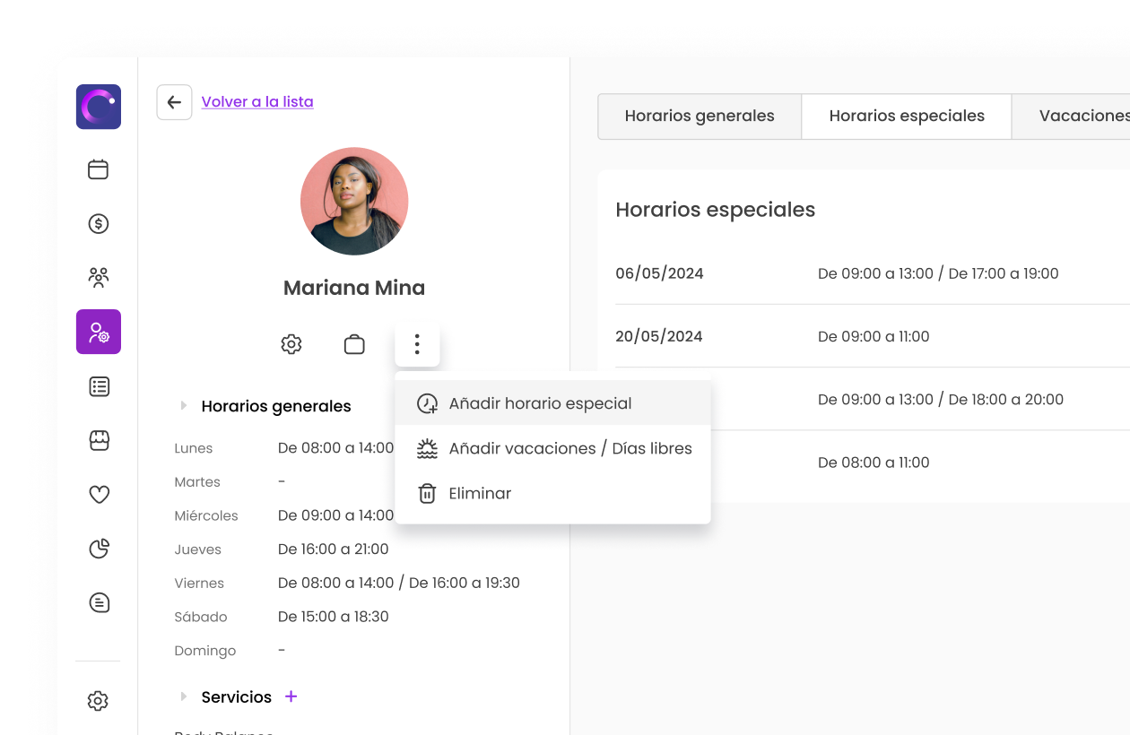 Interfaz de usuario para gestionar horarios laborales y vacaciones, mostrando opciones de añadir o eliminar eventos.