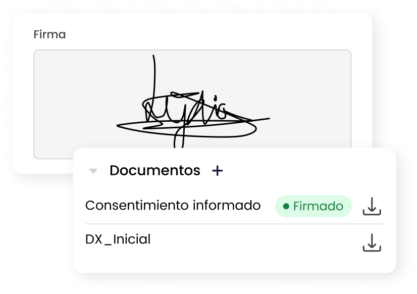 Firma digital en documento de consentimiento informado, con estado firmado y opción de descarga.