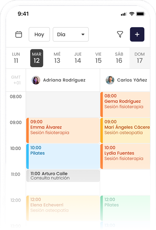 Calendario de sesiones de fisioterapia, osteopatía y pilates para Adriana Rodríguez y Carlos Yáñez el 12 de marzo.