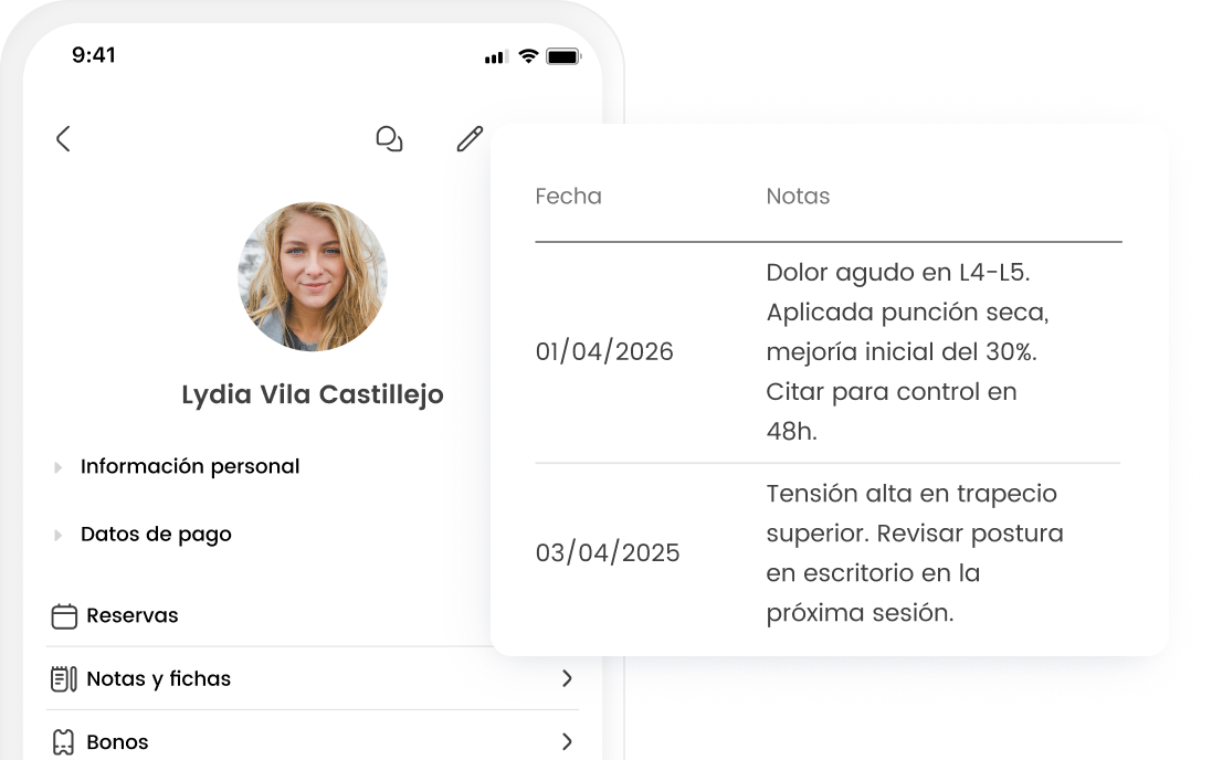Perfil de usuario en app de salud con notas médicas de dolor agudo y recomendaciones de postura.