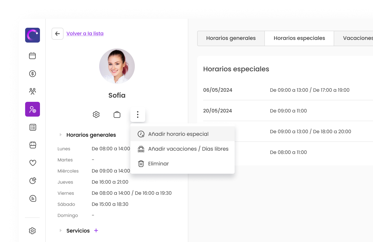 Gestión de horarios laborales de Sofía con opciones para añadir horarios especiales y vacaciones en una interfaz digital.