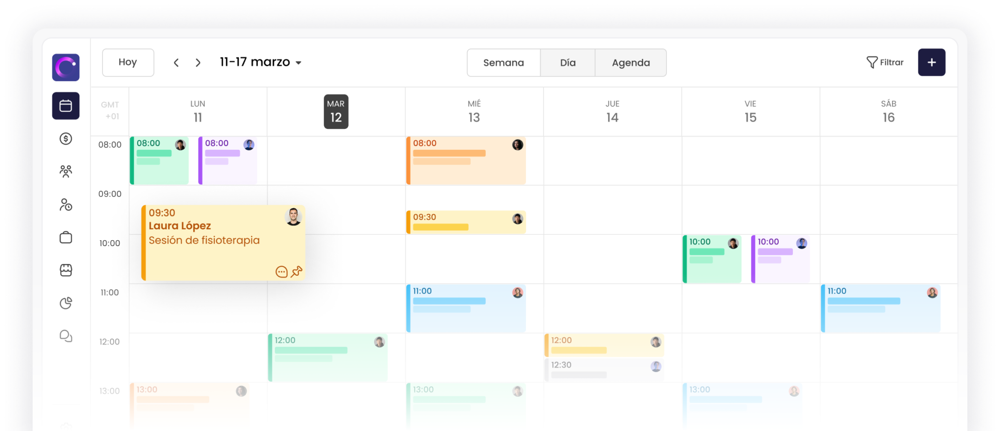 Calendario semanal con eventos coloridos y sesión de fisioterapia programada para Laura López el lunes a las 9:30.