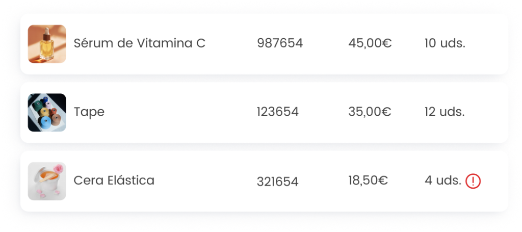 Lista de productos: Sérum Vitamina C, Tape y Cera Elástica con precios, unidades y stock limitado para Cera.