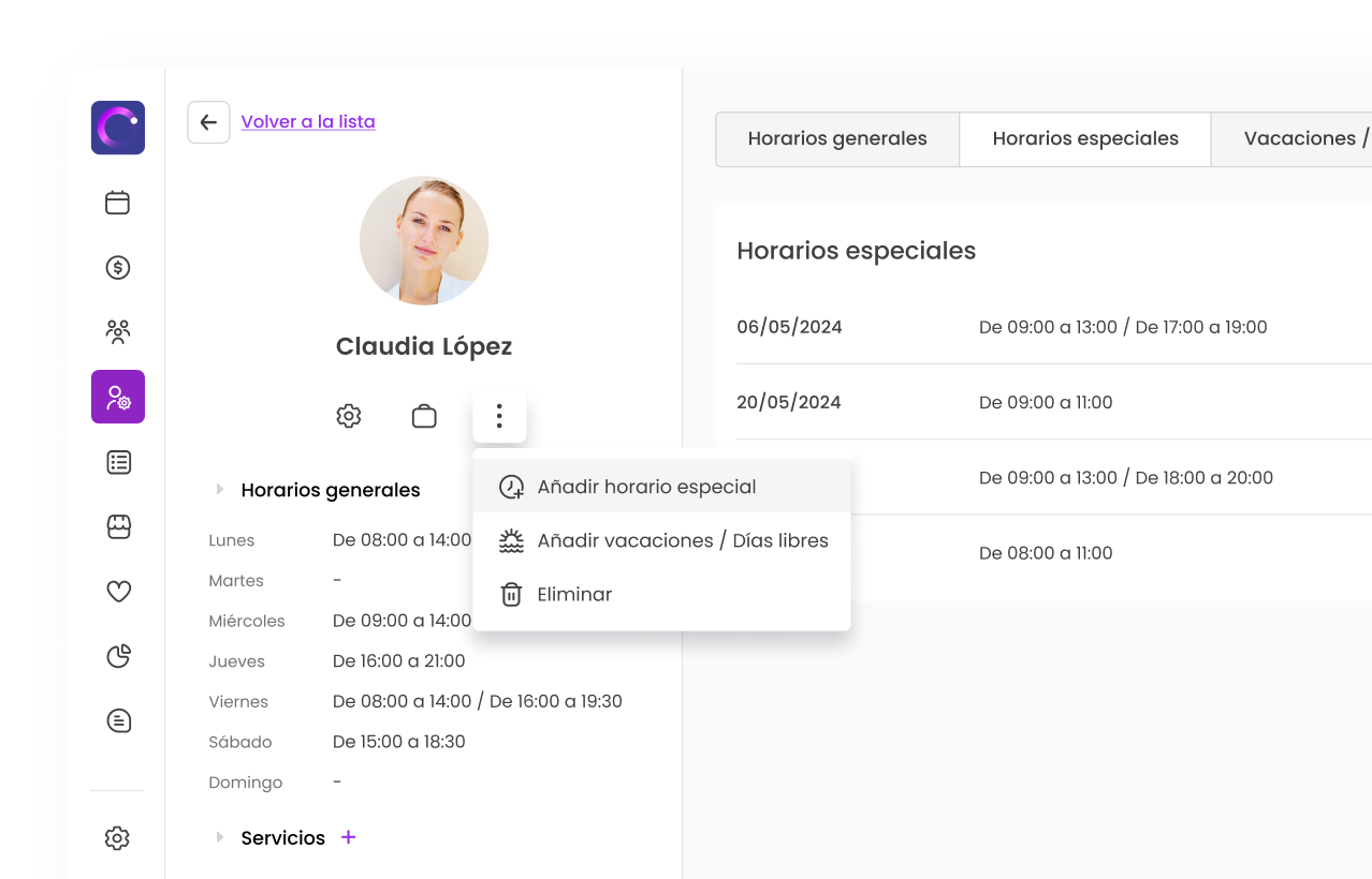 Interfaz de gestión de horarios con opciones para añadir horarios especiales y días de vacaciones.