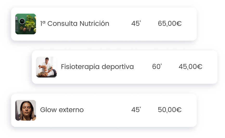 Listado de servicios: Consulta Nutrición 45' 65€, Fisioterapia deportiva 60' 45€, Glow externo 45' 50€.