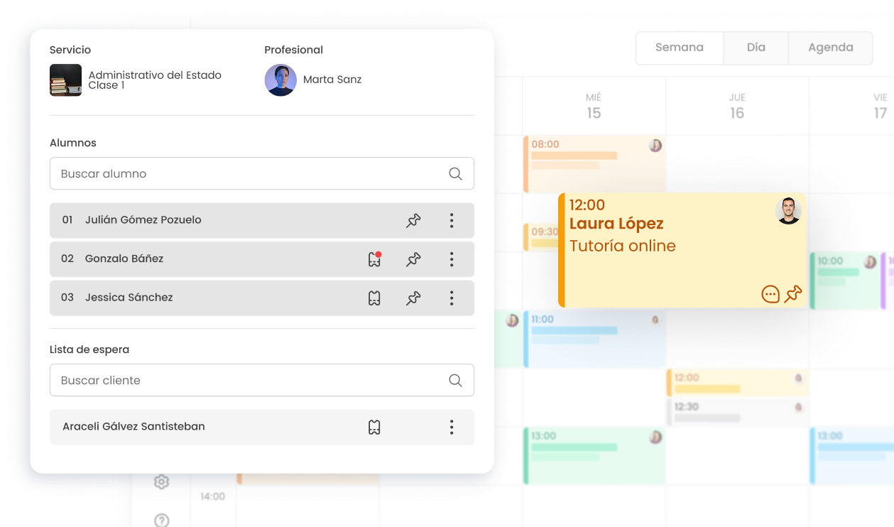Calendario digital con tutorías online, muestra alumnos y horarios en una interfaz de usuario moderna y colorida.