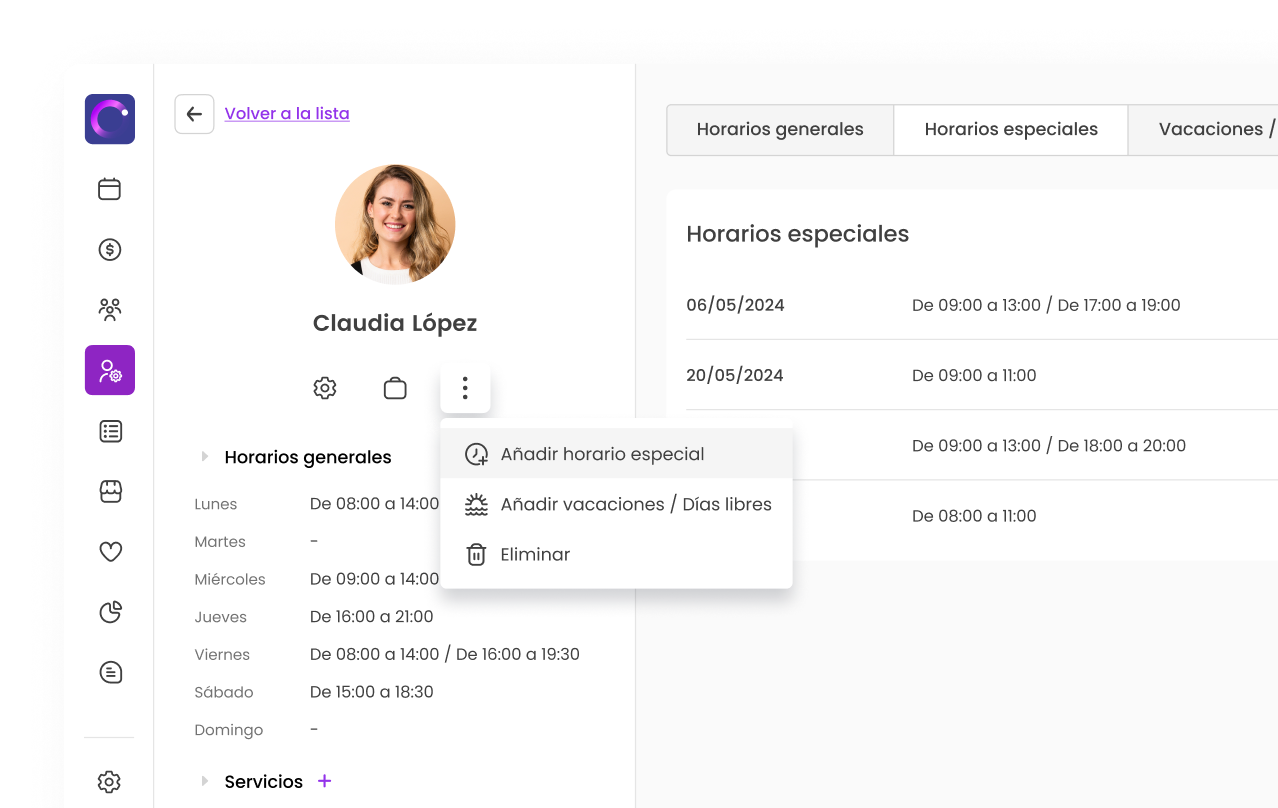 Interfaz de planificación de horarios laborales con opciones de añadir vacaciones y eliminar horarios.