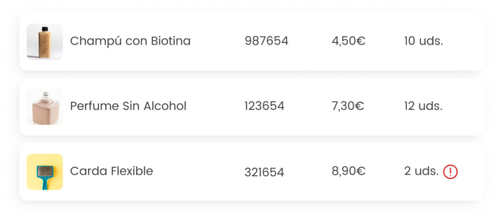 Lista de productos de higiene: champú con biotina, perfume sin alcohol, carda flexible con precios y unidades.