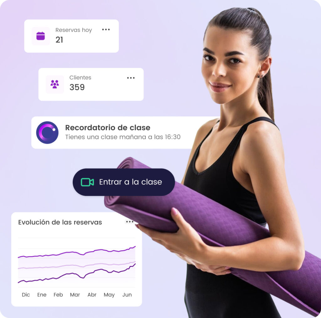 Joven con esterilla de yoga o pilates, estadísticas de reservas y recordatorio de clase en una interfaz de aplicación de fitness.