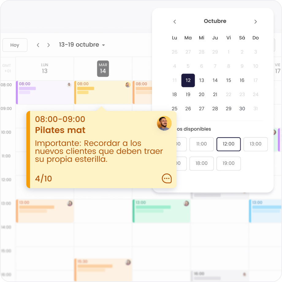Calendario semanal con clase de Pilates mat el 14 de octubre, recordatorio de llevar estera. Disponibilidad horaria.