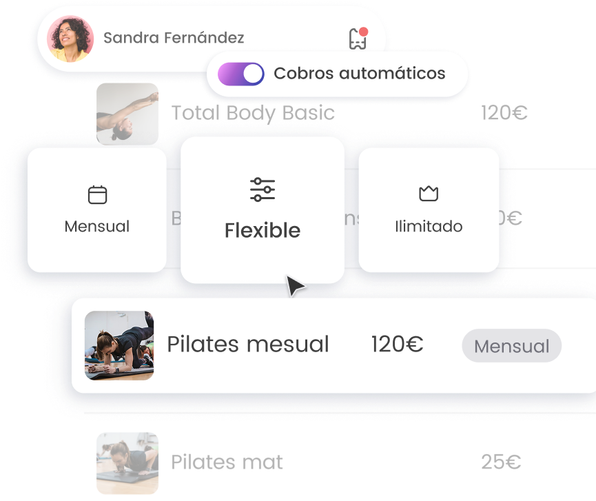 Opciones de suscripción de clases de pilates con cobros automáticos: mensual, flexible e ilimitado.