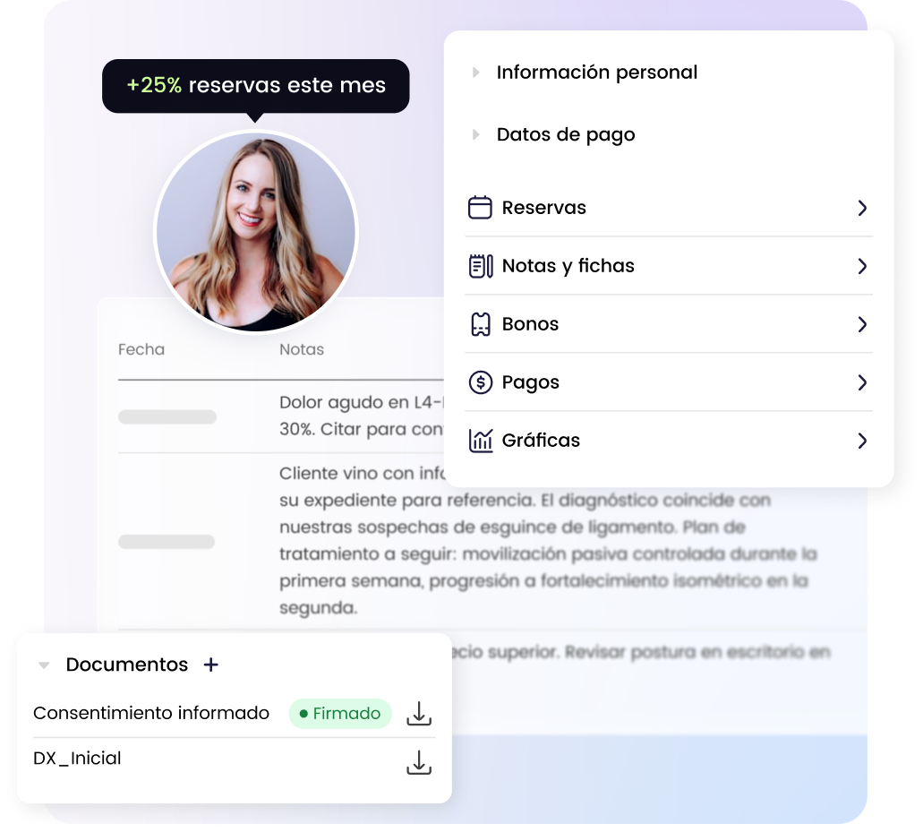 Interfaz de usuario para gestión de reservas y documentos con menú de opciones y estadísticas de crecimiento mensual.