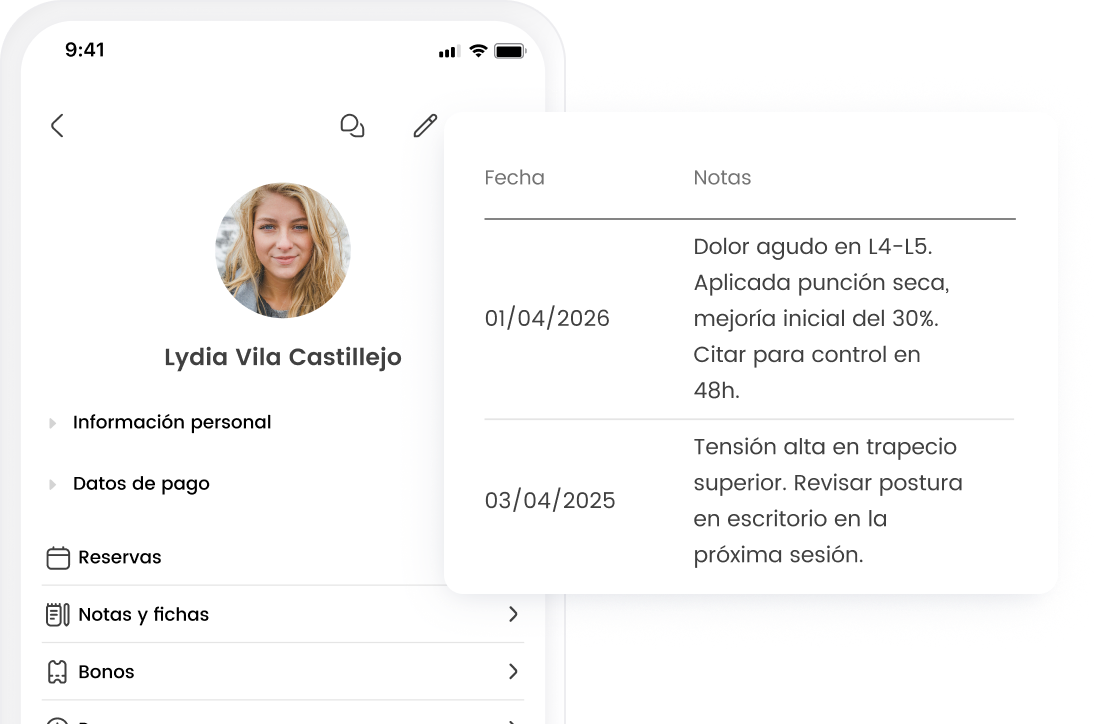 Pantalla de app con perfil de usuario, notas de seguimiento médico y opciones de consulta y pago.