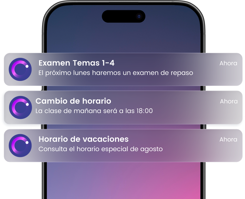 Notificaciones de cambios en exámenes y horarios de clases en la pantalla de un smartphone.