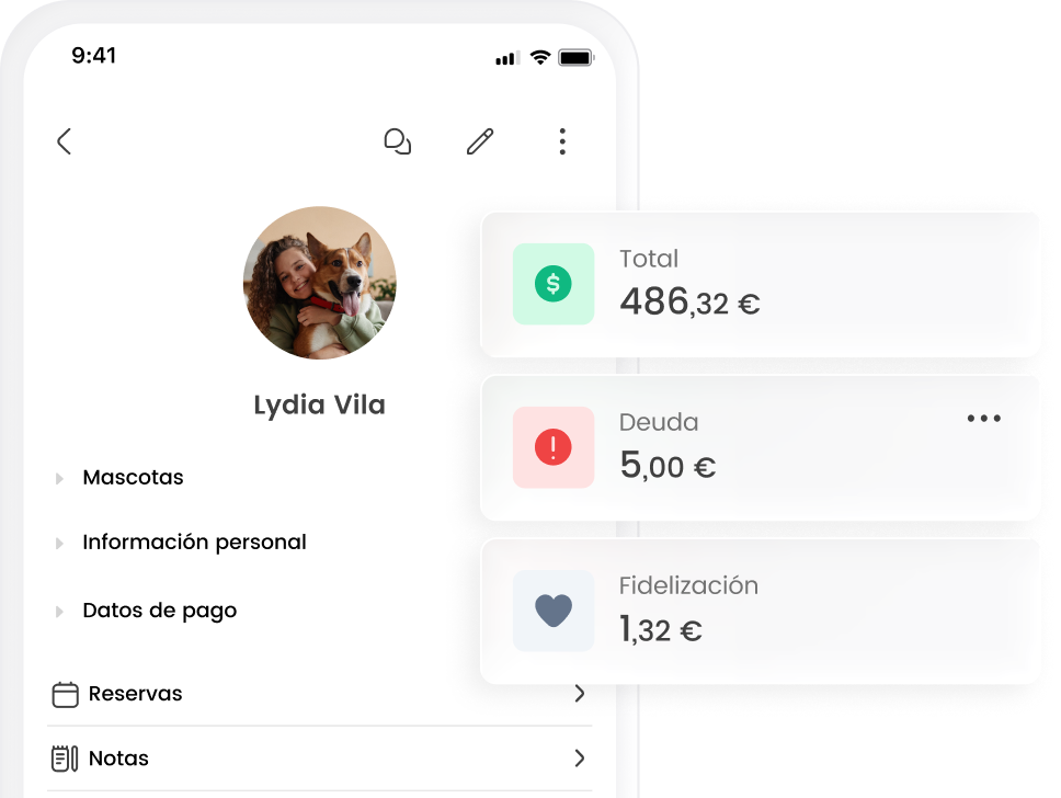 Pantalla de perfil de usuario con saldo total, deuda y fidelización, junto a información personal y de mascotas.