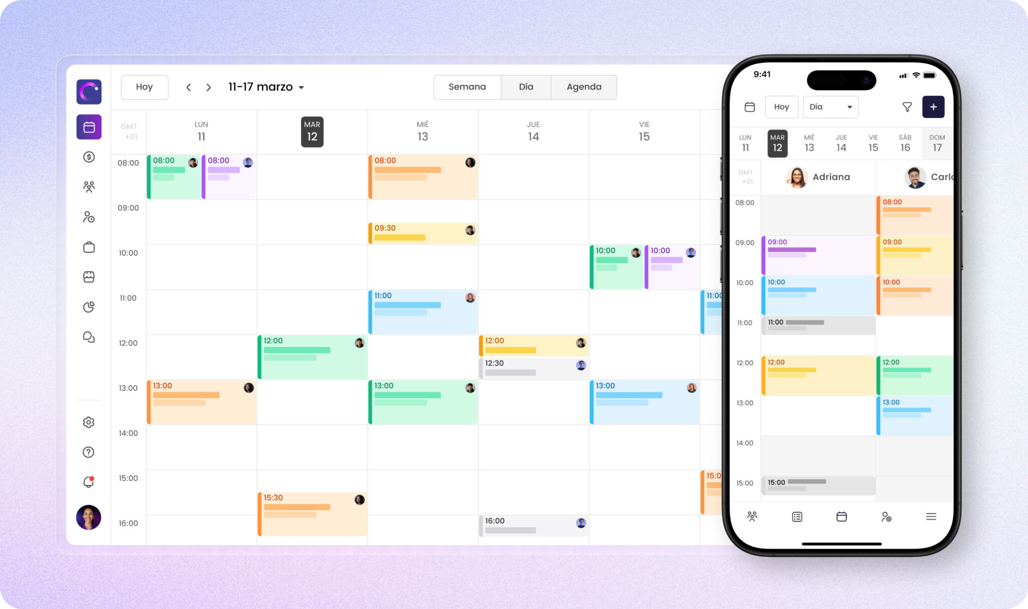 Calendario digital semanal en ordenador y móvil, mostrando eventos de colores diferenciados por día y hora.
