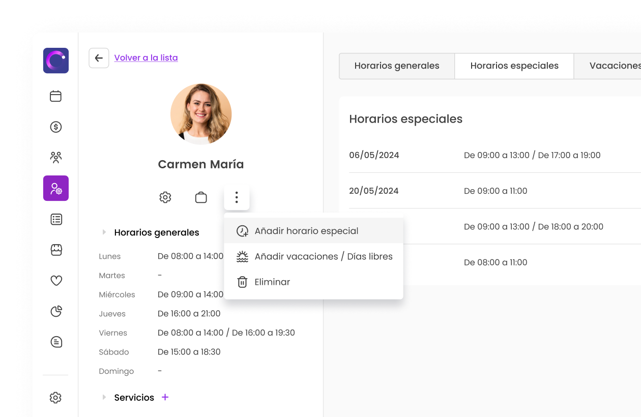 Interfaz de gestión de horarios laborales de Carmen María con opciones de añadir horarios especiales y vacaciones.