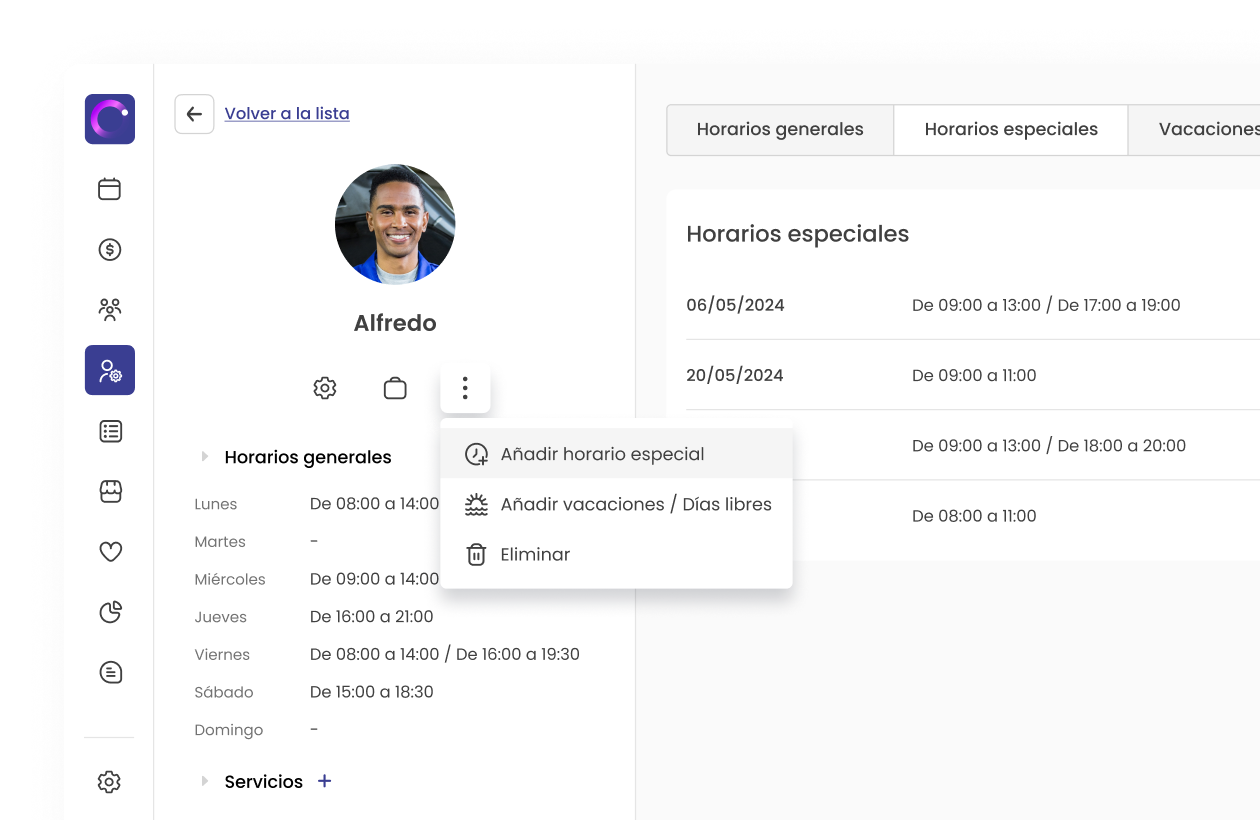 Interfaz de usuario mostrando horarios de trabajo de Alfredo, con opciones de añadir horario especial o vacaciones.