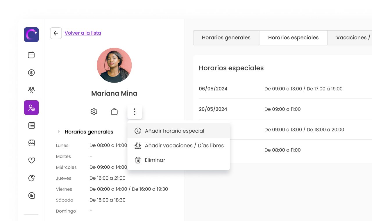 Interfaz de usuario que muestra horarios laborales, opciones para añadir excepciones o vacaciones de un empleado.