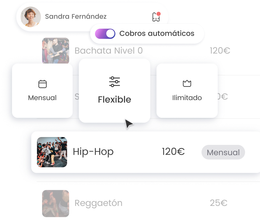 Menú de clases de baile con opciones de pago: mensual, flexible, e ilimitado. Clases de bachata, hip-hop, reggaetón.