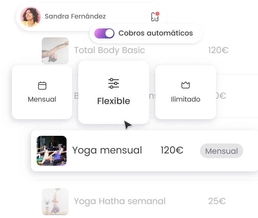 Selector de planes de suscripción para yoga con opciones mensual, flexible e ilimitado y precios variables.