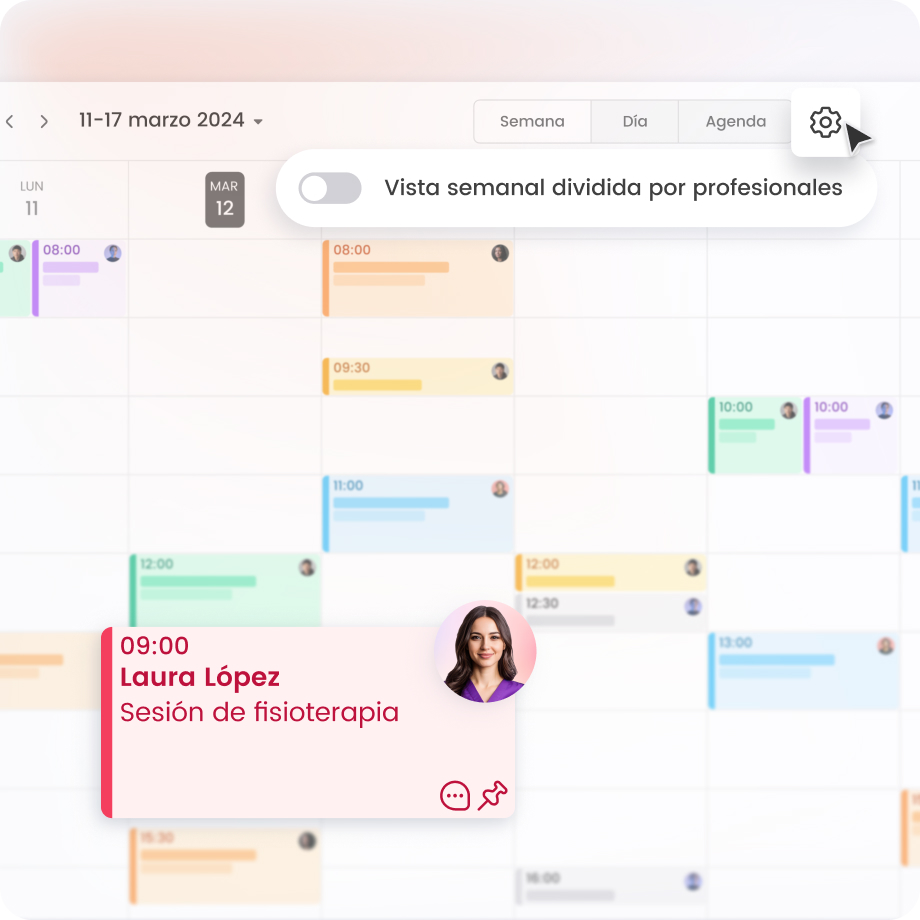 Calendario semanal de marzo 2024 con cita de fisioterapia agendada a las 9:00 para Laura López.