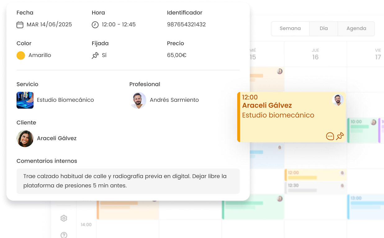 Calendario digital mostrando cita de estudio biomecánico para Araceli Gálvez con Andrés Sarmiento, 14 junio 2025.