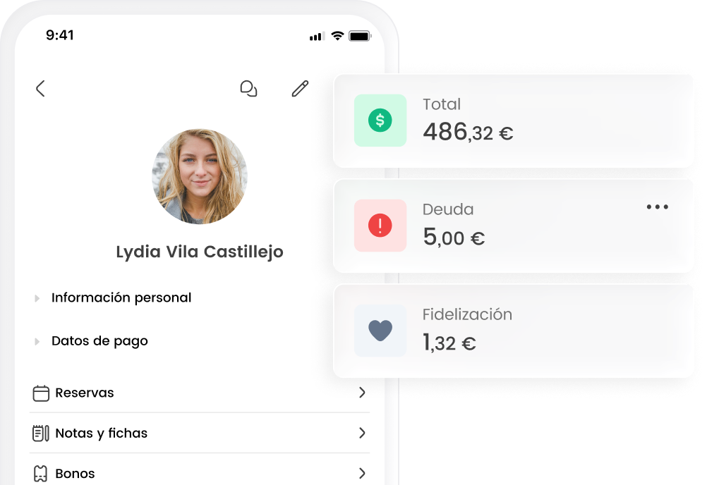 Perfil de usuario en app con balance total de 486,32€, deuda de 5,00€ y fidelización de 1,32€.