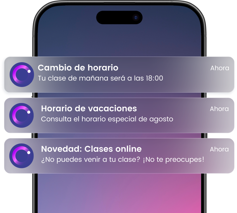 Notificaciones en un teléfono sobre cambio de horario de clase, horario de vacaciones y clases online.