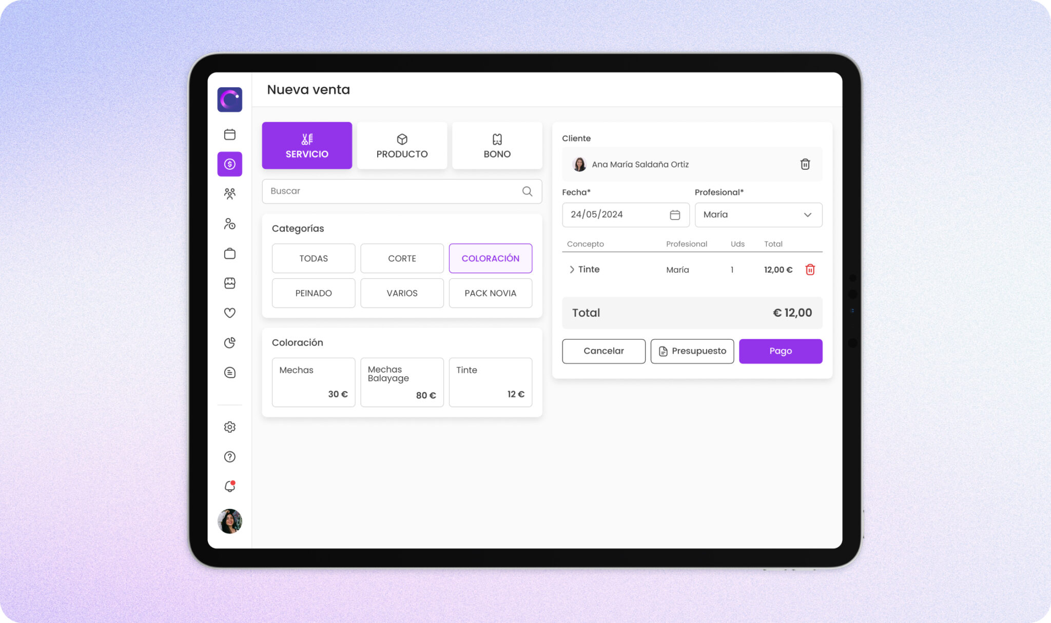 Interfaz de aplicación de gestión de servicios de un salón, mostrando opciones de venta y pago en pantalla.