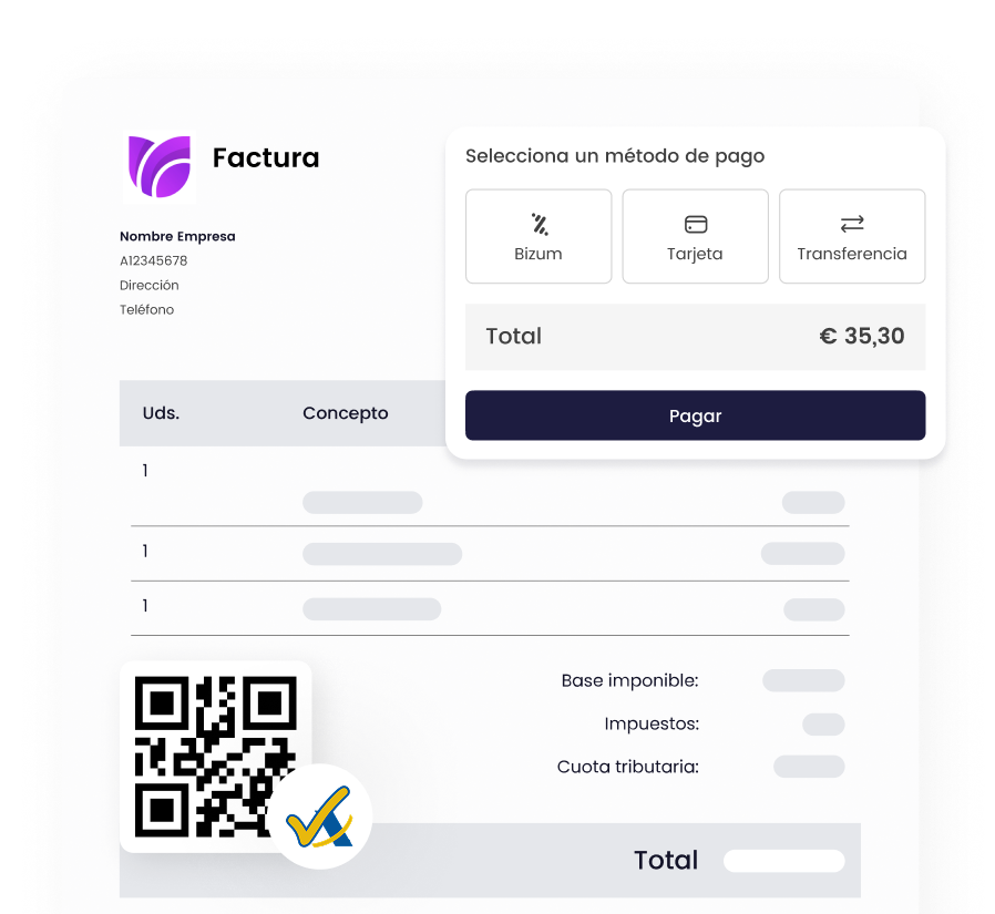 Factura con opciones de pago: Bizum, tarjeta o transferencia, total 35,30€. Incluye un código QR al pie.