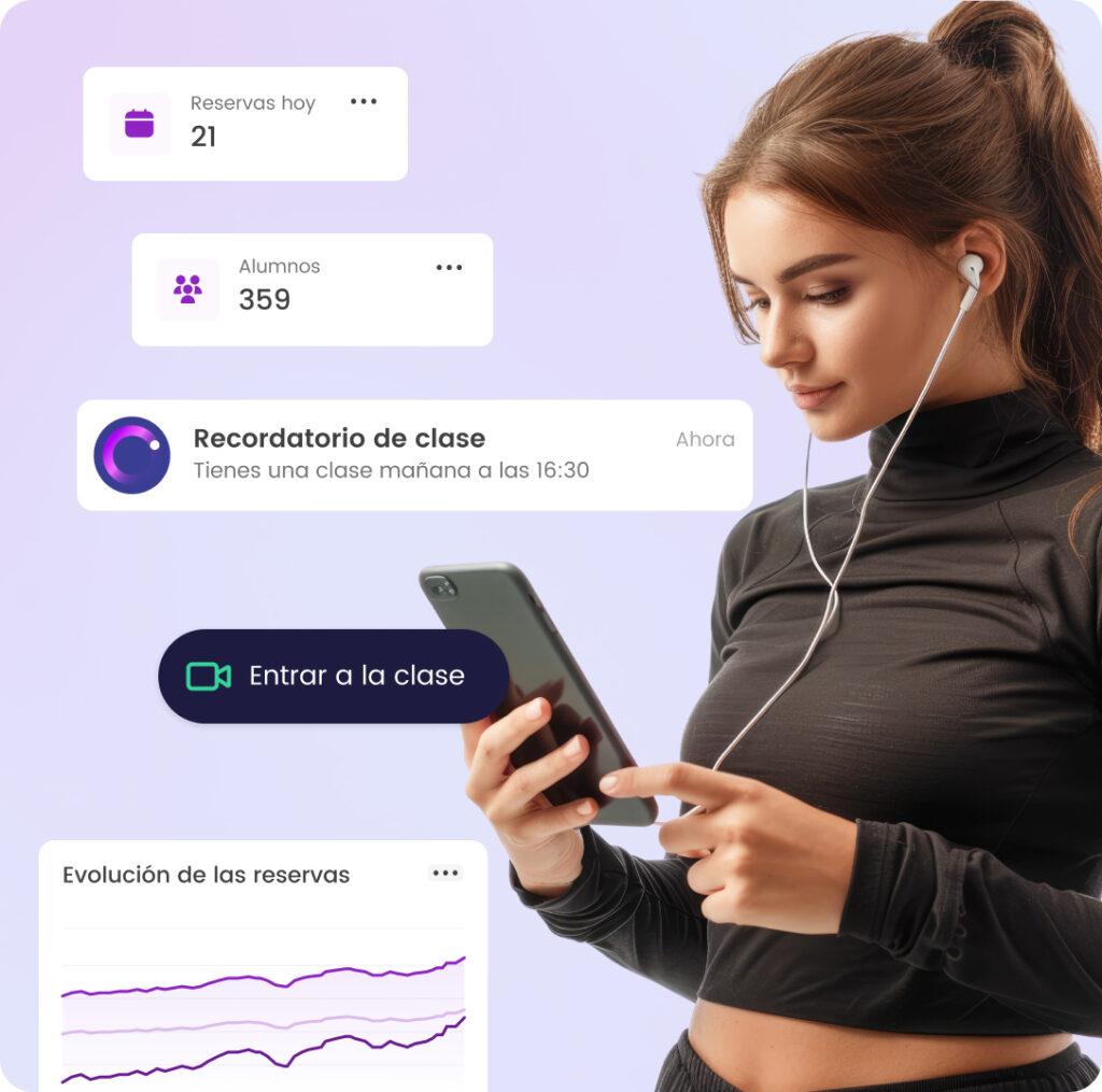 Mujer con auriculares usando móvil rodeada de notificaciones de clases y estadísticas de reservas. Fondo lila claro.