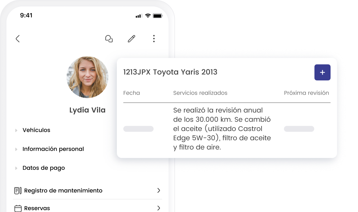 Pantalla de aplicación móvil mostrando perfil de usuario y detalles de mantenimiento de un Toyota Yaris 2013.