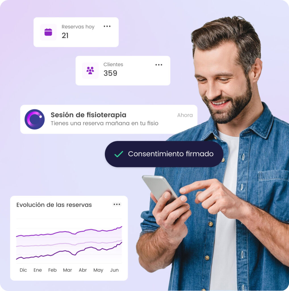 Hombre revisando reservas y clientes en app móvil. Datos de sesión de fisioterapia y gráfico de reservas.