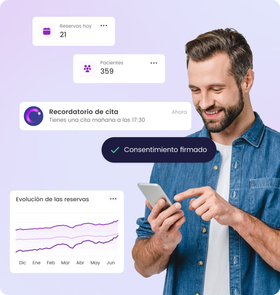 Hombre usando un smartphone revisando notificaciones de citas médicas, reservas, pacientes y gráficos de evolución.