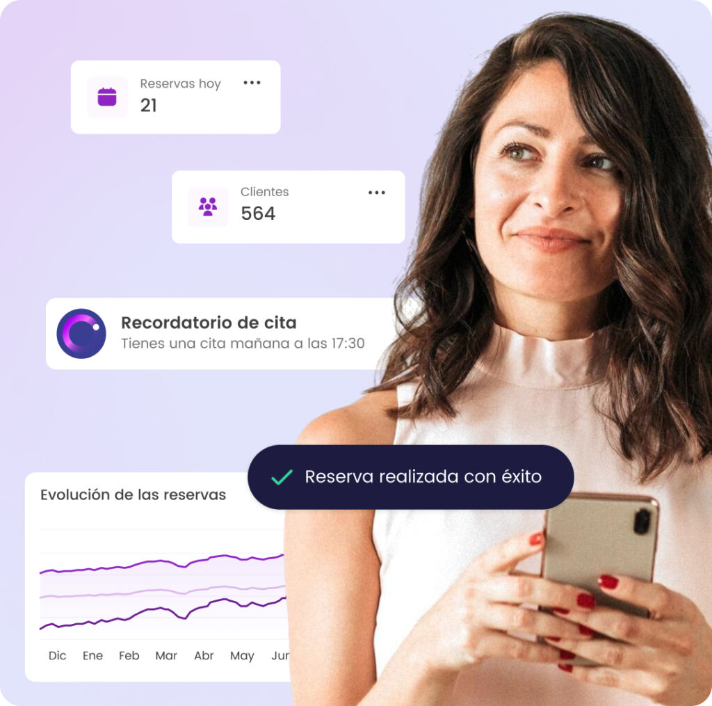 Mujer usando app de gestión de citas, estadísticas de reservas y recordatorio en pantalla, fondo lila.