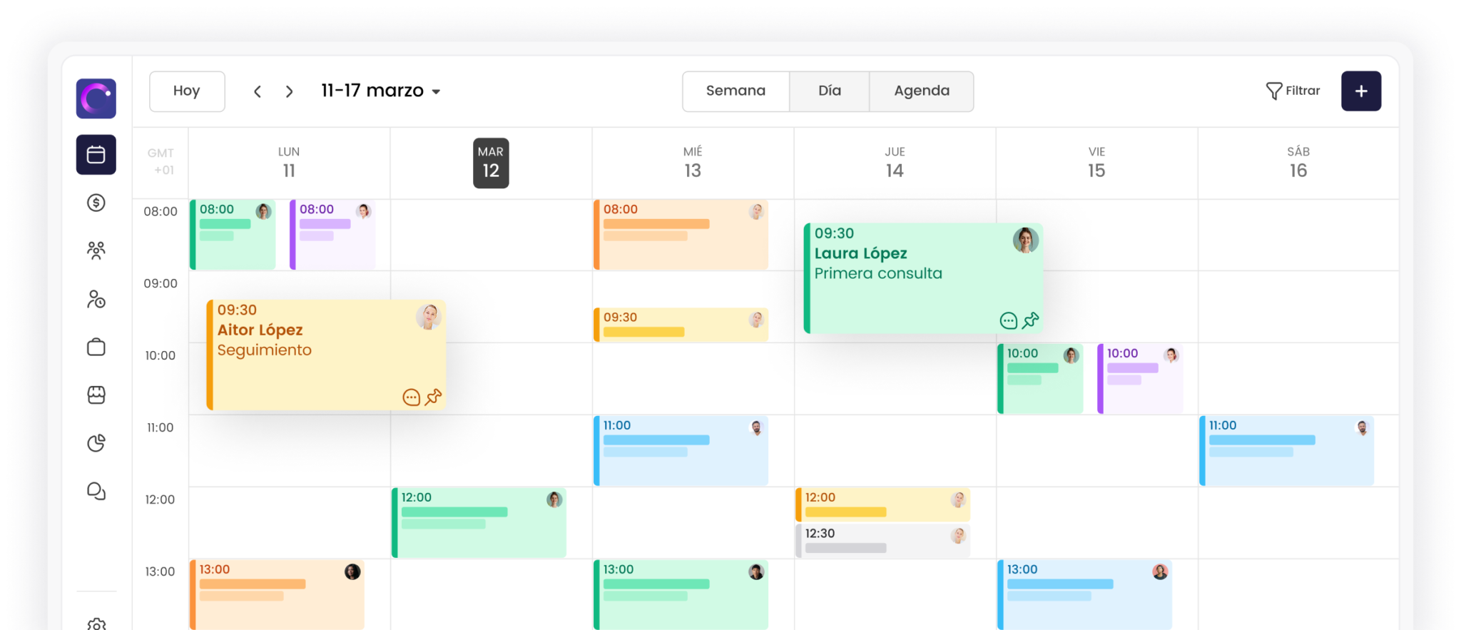 Calendario semanal digital con citas y eventos organizados por día y hora, vista de la semana del 11 al 17 de marzo.