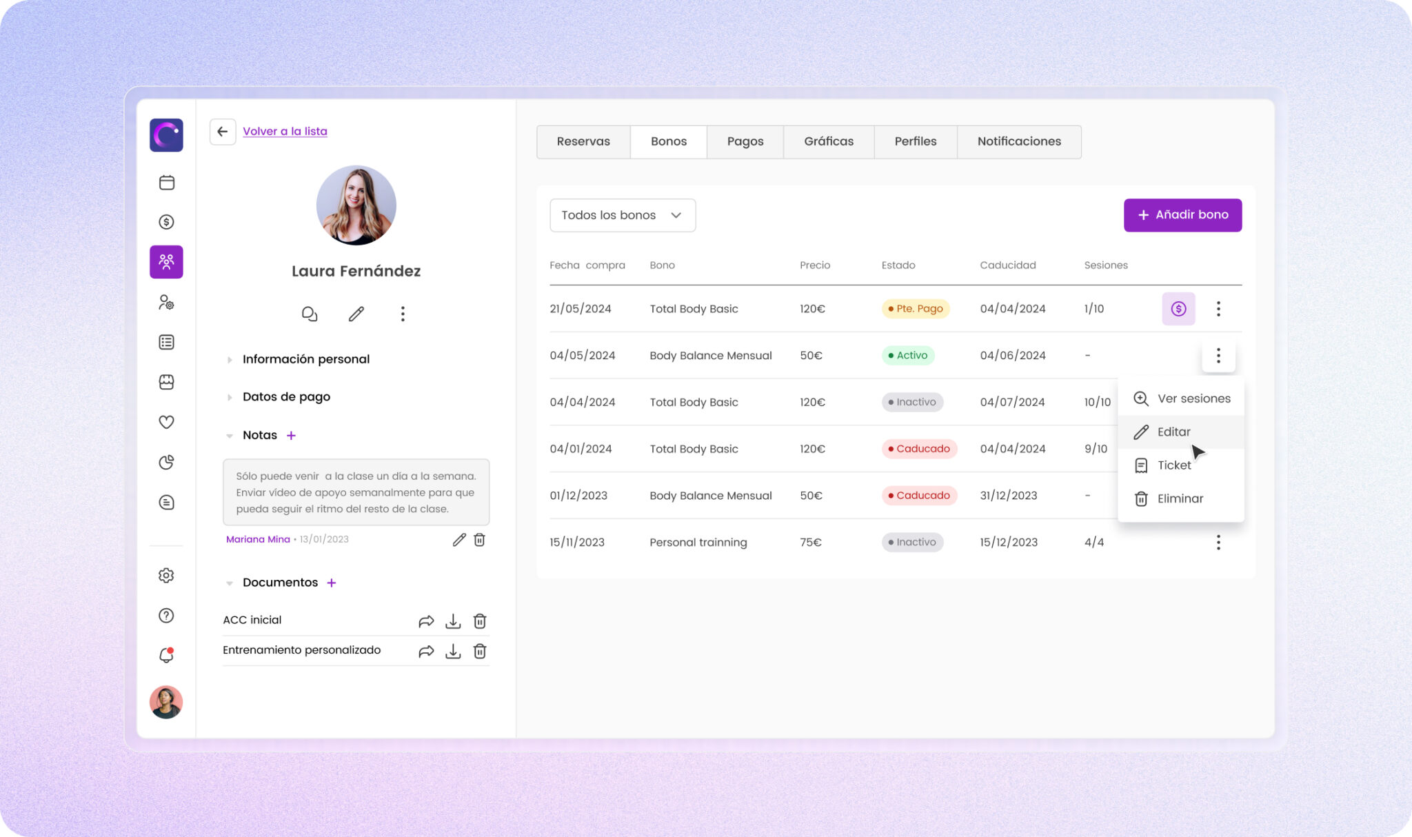 Interfaz de usuario de una plataforma de gestión de clientes con perfiles, bonos y control de pagos.