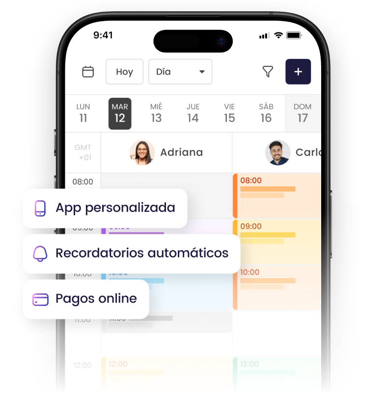Calendario digital en smartphone mostrando horarios. Destaca funciones: app personalizada, recordatorios y pagos online.
