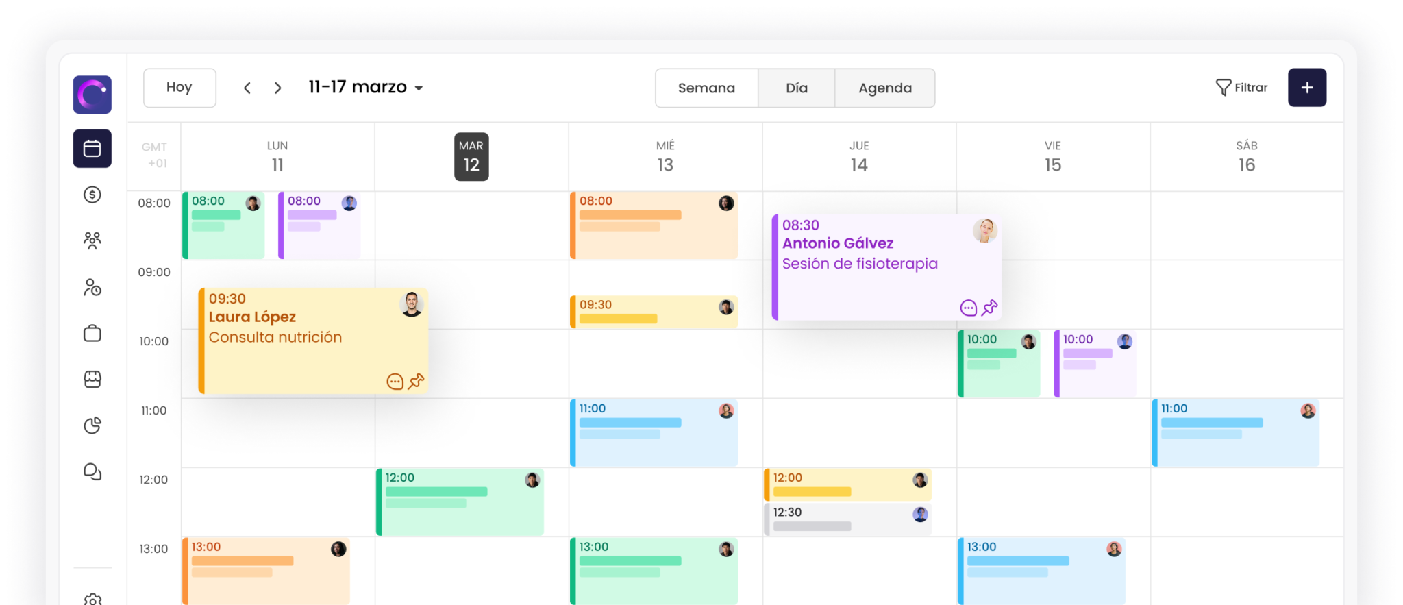 Calendario semanal digital con eventos de nutrición y fisioterapia programados para marzo.