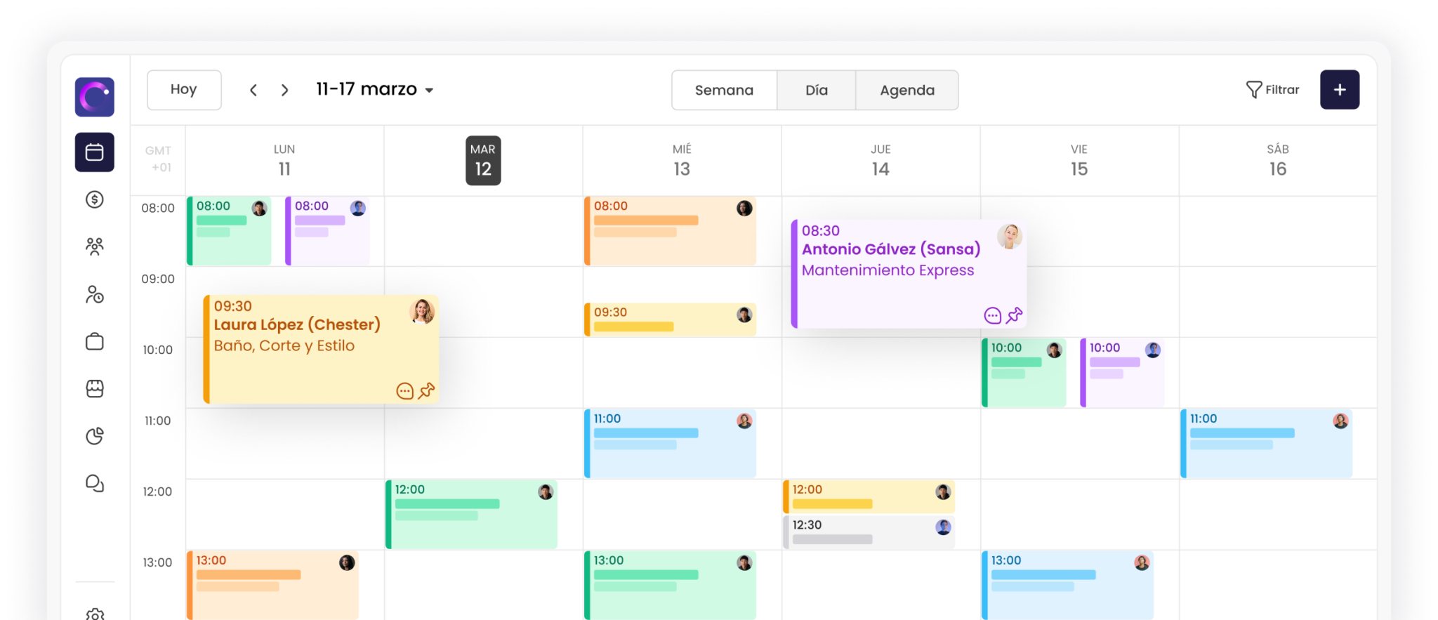 Calendario semanal digital con citas programadas y detalles de eventos del 11 al 17 de marzo.