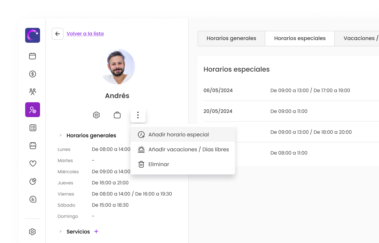 Interfaz de gestión de horarios de trabajo con opciones para añadir horarios especiales y vacaciones para Andrés.
