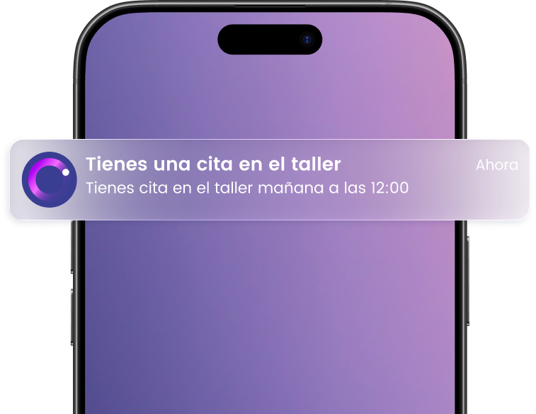 Notificación en pantalla de móvil: Tienes una cita en el taller mañana a las 12:00. Fondo morado.