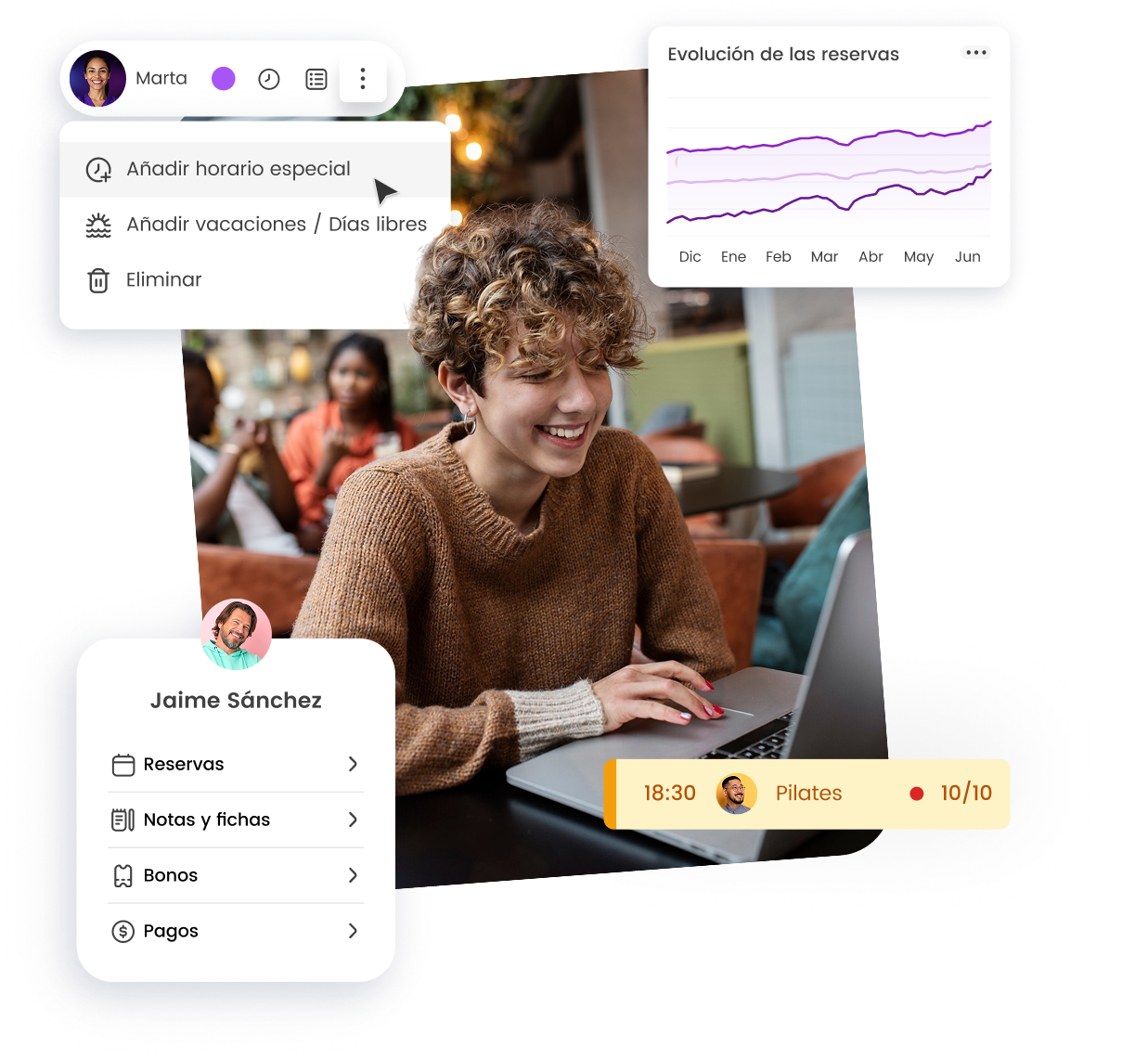 Mujer usando portátil con indicadores de reservas y menú de planificación digital. Optimización de gestión de horarios.