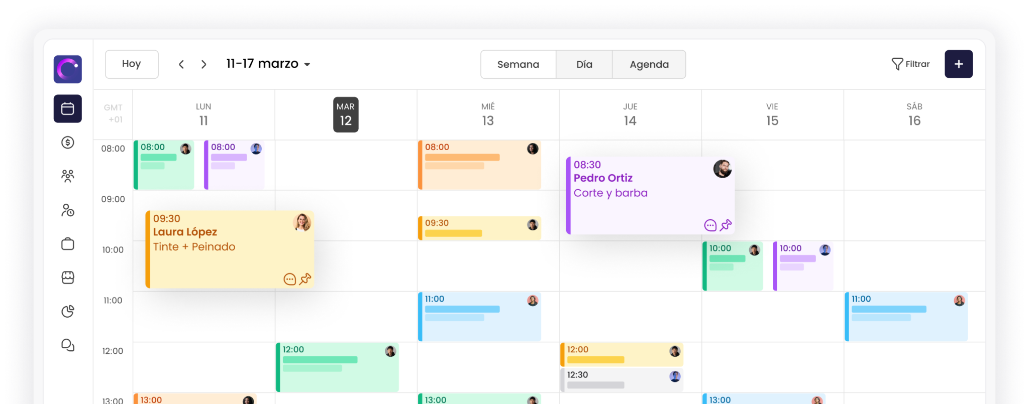 Calendario de citas semanales con eventos coloridos y nombres de clientes, muestra tareas de peluquería.