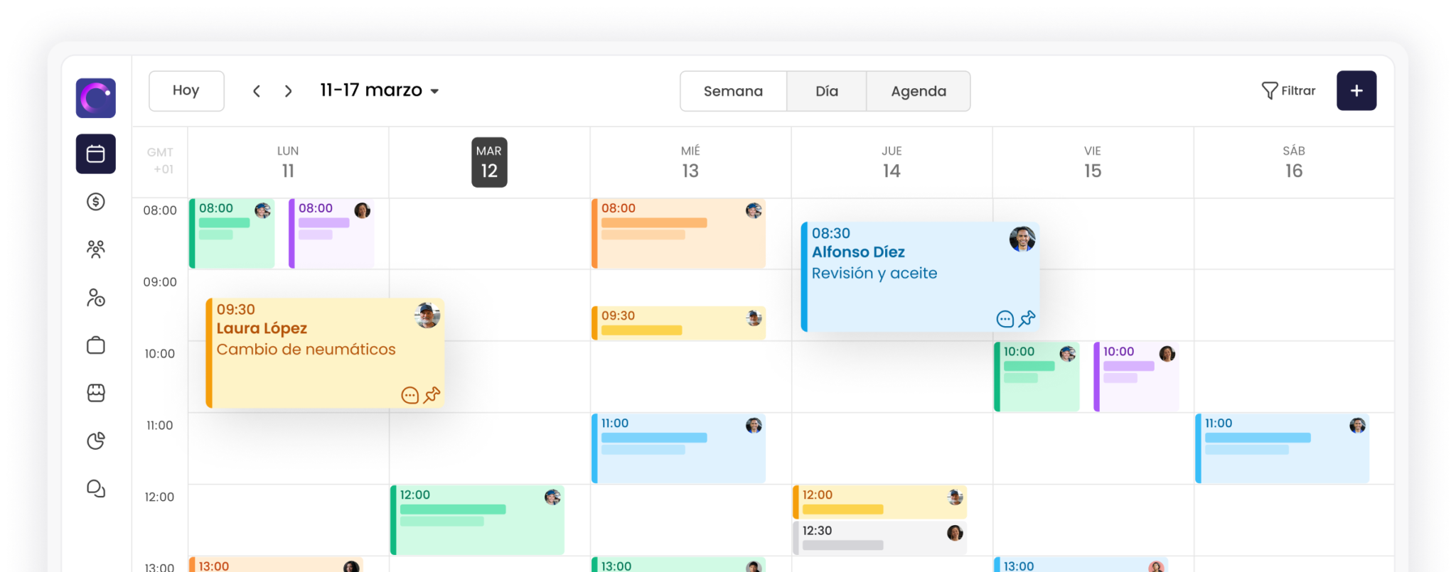 Calendario digital semanal con eventos programados entre el 11 y el 17 de marzo, organizado por horas.