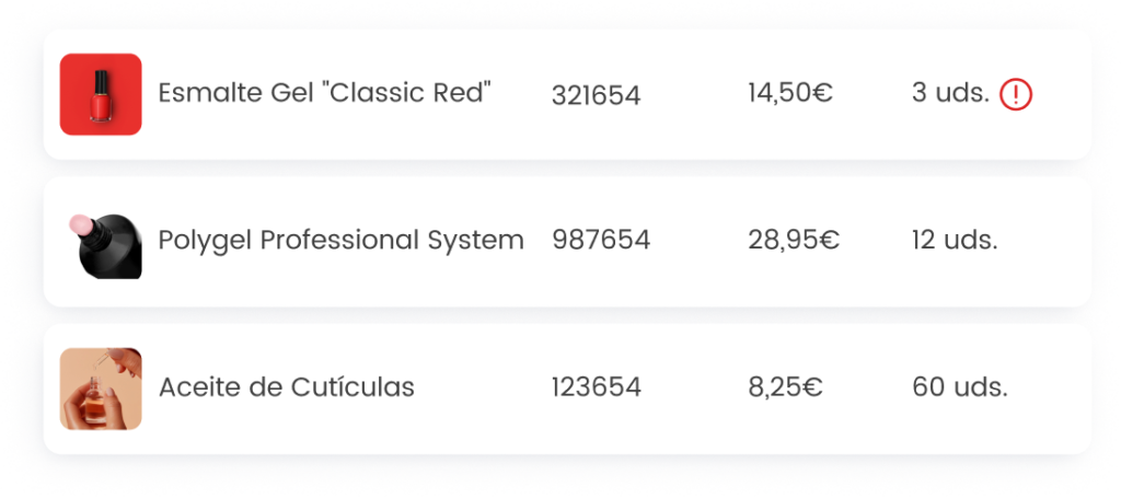 Lista de productos de manicura: esmalte gel rojo, polygel system, aceite de cutículas, precios y cantidades.
